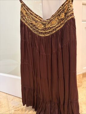 Cache Brown Maxi Skirt with Gold Embellished Waistband
